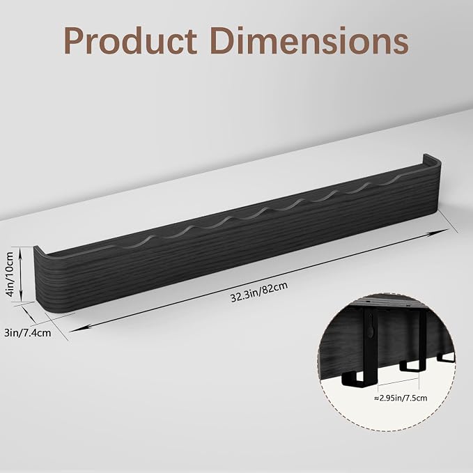 Coat Rack Wall Mount with Hidden Hooks, Wall Hooks with Shelf, Wall Key Holder Mount Wooden Shelf Entryway Hooks for Bedroom Bathroom for Hanging Coats Hats Bags Towels (Black Wave-Shape, 8 Hooks)