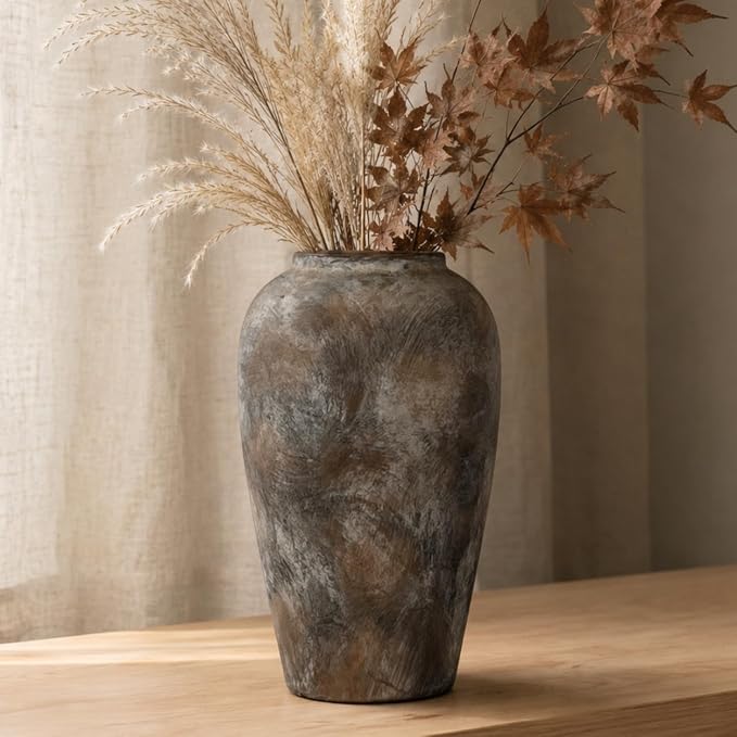 12 Inch Ceramic Rustic Farmhouse Vase, Handmade Pottery Flower Vases for Home Decor, Brown Ceramic Vase for Living Room, Table Centerpieces & Shelf Decor, Wedding Gifts