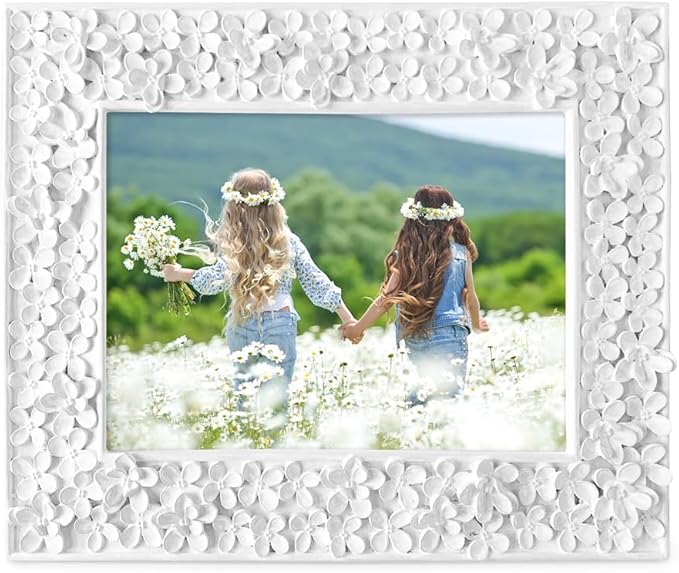 Isaac Jacobs 5x7 White Flower Textured Hand-Crafted Resin Picture Frame w/Easel & Hook for Tabletop & Wall Display, Decorative Floral Design Home Décor, Photo Gallery, Art (5x7, White) (Pack of 2)
