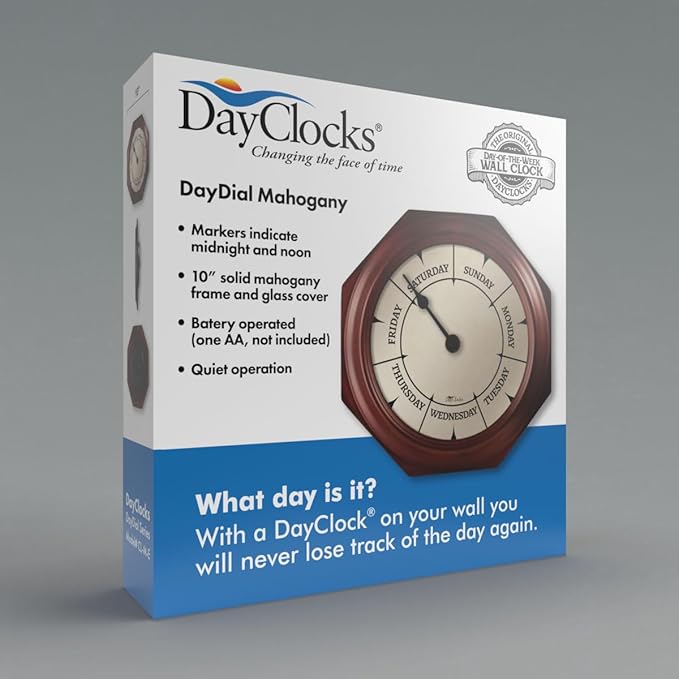 Classic Day of The Week Wall Clock - 10" Solid Mahogany Wood Frame, Ideal Retirement Gift for Men and Women, Day Clock for Seniors and Retirees