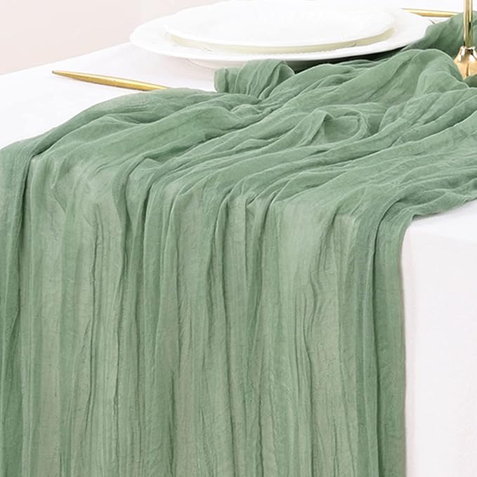 Socomi 10pcs Sage Green Cheesecloth Table Runner Easter Spring Boho Rustic Gauze 120 inch 10FT Cheese Cloth Runner for Wedding Party Baby Shower Home Decor Holiday Decorations