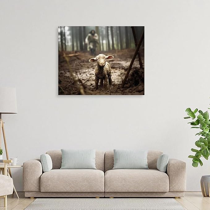 Jesus and Lamb Canvas Wall Art Jesus Running After Lost Lamb Picture Wall Art Canvas Print Christian Home Decor, 11x14 inch