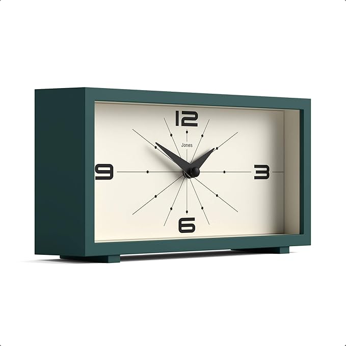 JONES CLOCKS® Odeon Desk Clock | Modern Rectangular Design | Green | Stylish Retro Look for Shelf, Table, Mantel or Bedside