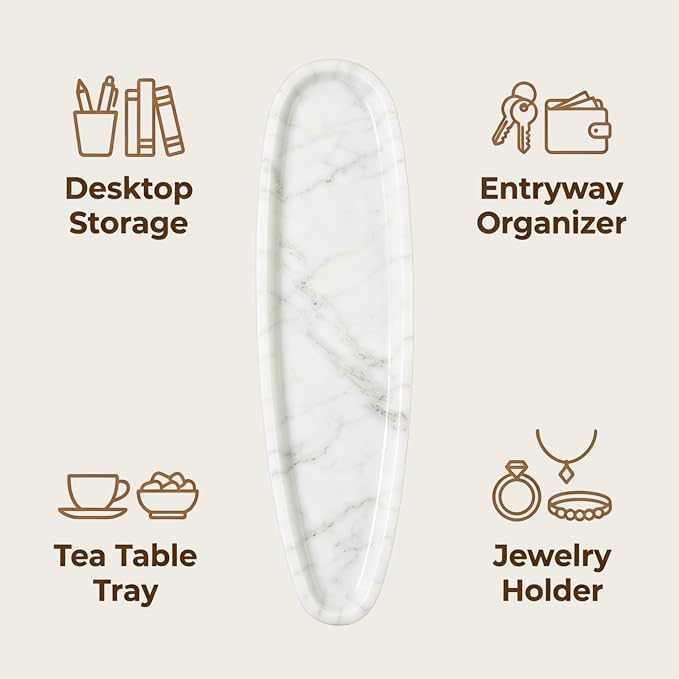 Natural Marble Vanity Tray, 16.6"x4.6" White Real Stone Decorative Tray for Bathroom Countertop & Home Decor, Catchall Organizer for Jewelry, Candles, Cosmetics & Perfume（White）