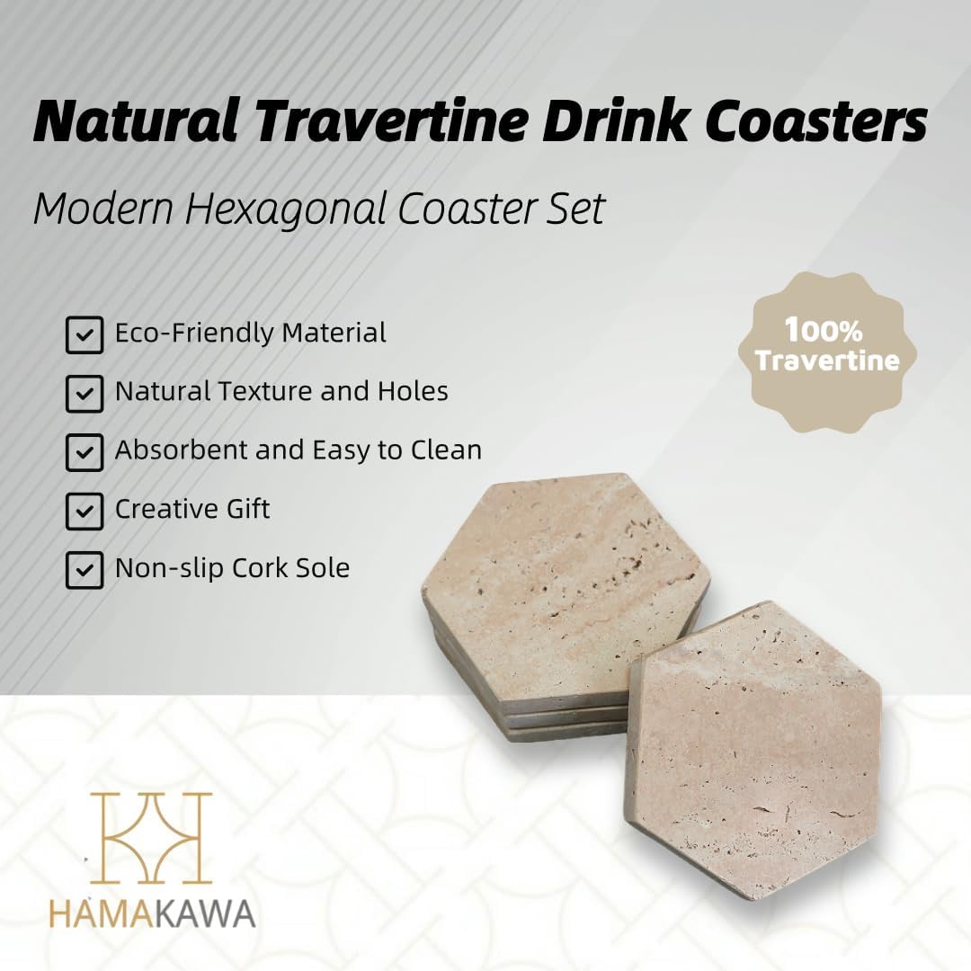 Real Natural Marble Coasters Set of 4, Vintage Stone Coasters 4 Inch, Hexagon Travertine Drink Coaster for Coffee Table, Living Room, Office Decor
