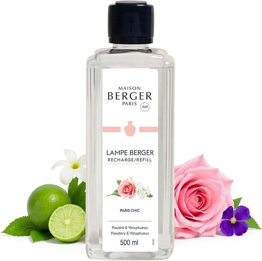 MAISON BERGER Paris Chic Lampe Berger Refill, 500 ml (16.9 fl oz), 2-in-1 Catalytic System, Neutralizes Odors and Diffuses Fragrance, Bergamot, Morning Dew, Orris, Rose, Violet, Made in France