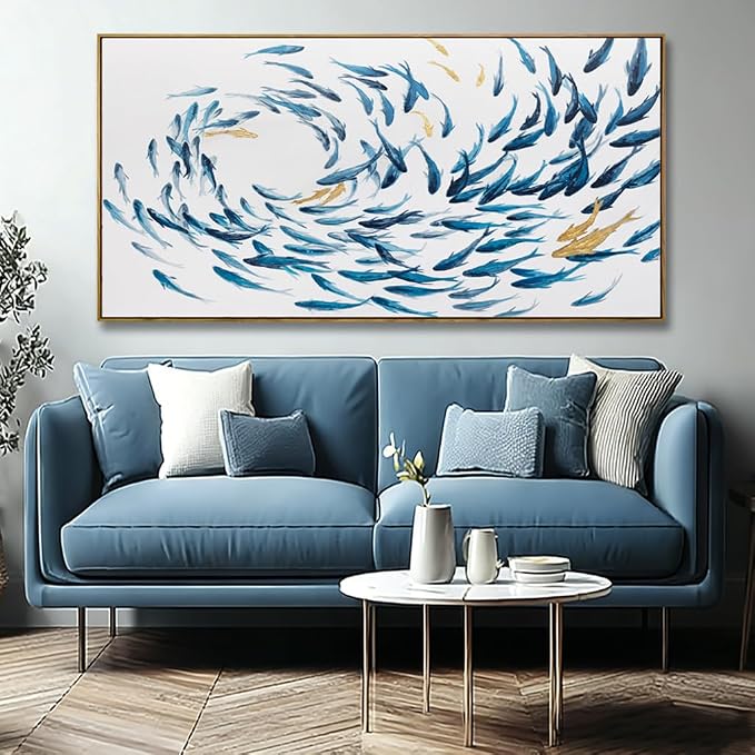 Kureful Fish Home Wall Decor White And Blue Wall Art Ocean Fishes Canvas Pictures 24"x48" Artwork for Bedroom Kitchen Poster