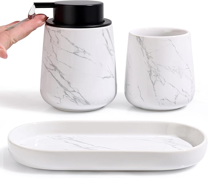 BosilunLife Ceramic Bathroom Accessories Set 3 Pcs, Liquid Soap Dispenser and Toothbrush Holder with Tray, Modern Farmhouse Vanity Decor, Narble Pattern Housewarming Gift (Marble-Liquid)