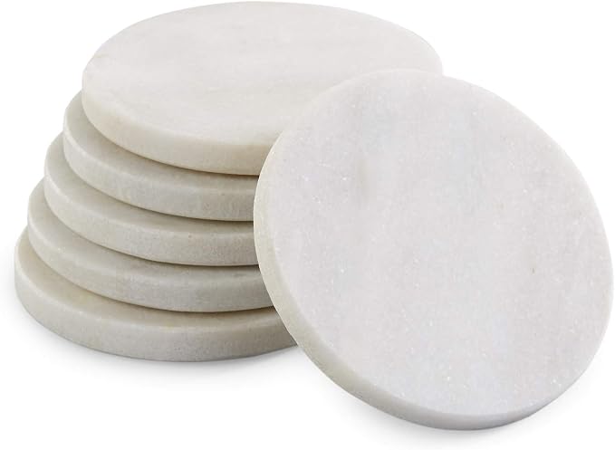 Coaster Set, Premium Marble Coasters, Double-Polished Multi-Functional Drink Coasters, 100% Natural Marble Stone (6, White Marble - Round)