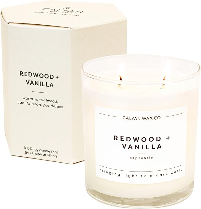 Calyan Wax Co. Redwood & Vanilla 2 Wick Scented Candle - 37 Hour Burn - Luxury Clean Soy Wax Candles - Long Lasting Large Glass Jar Candle for Home - 8.8oz