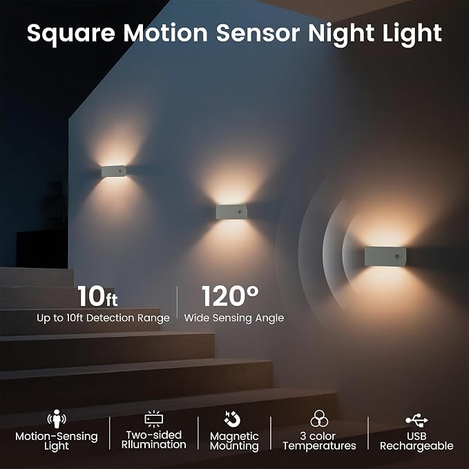 Rechargeable Battery Night Light with Motion Sensor, Cordless Battery-Powered Stick-on Magnet Toilet Lights, Soft Two-Sided Glow, 3CCT Dimmable, for Bedroom, Closet, Stairs, 3 Pack