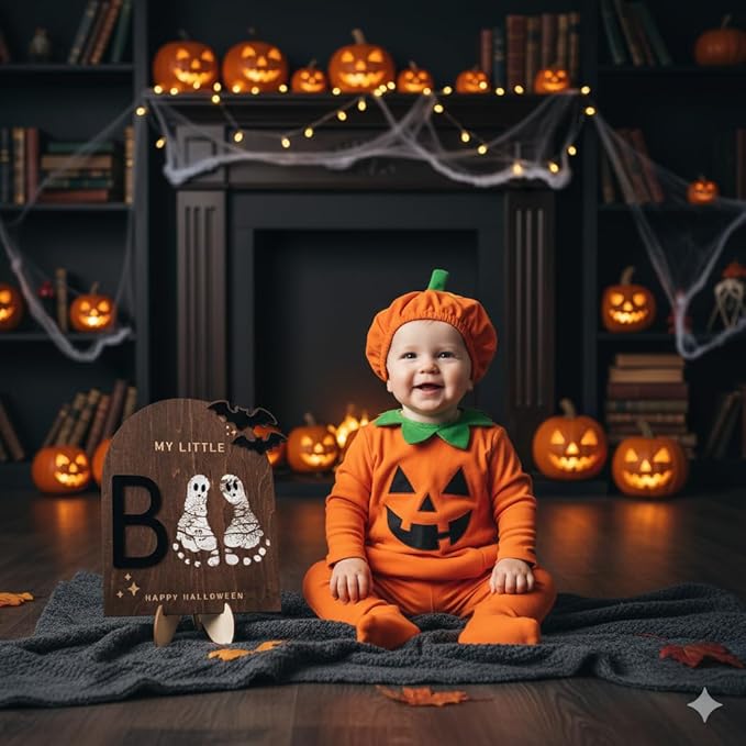 My Little Boo Wooden Halloween Sign – Baby Footprint Ghost Keepsake Plaque – Happy First Halloween Nursery Décor – Rustic Wooden Tabletop Sign for Baby. Newborn. Halloween baby