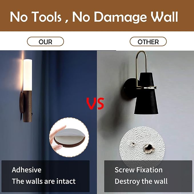 LANDGOO Wooden Motion Sensor Lights Indoor, Magnet Body Hallway Rechargeable LED Wireless Battery Operated Wall Sconce, Portable Decor Torch Night Lighting for Bedroom (Walnut Wood 1Pcs)