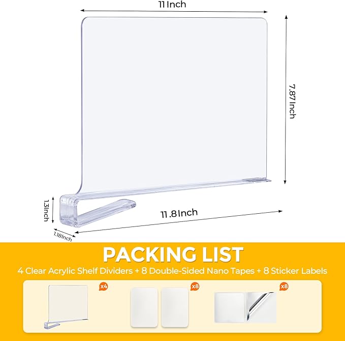 JOY DECOR 8 Pack Acrylic Clear Shelf Dividers for Closets Organizer and Storage Adjustable Vertical Wood Shelf Closet Separators for Clothes,Book,Bags in Bedroom and Kitchen