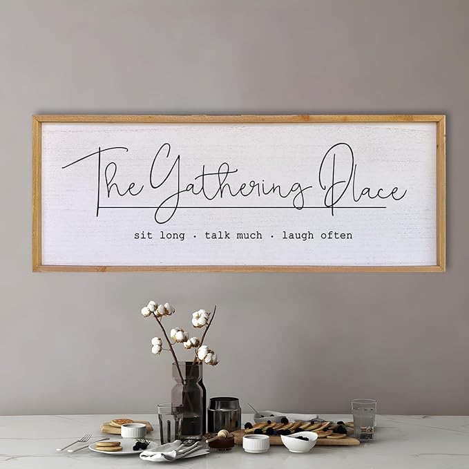 The Gathering Place Wall Decor Sign 40"x15" Large Family Dining Room Vintage Wooden Framed Country Farmhouse Simple And Rustic Hanging For Kitchen Home Wall Art Decoration (Wood)