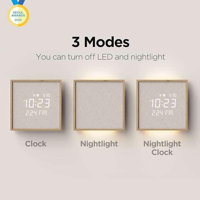 mooas Wooden Frame LED Silent Wall Clock with Remote, Backlit Nightlight, Modern Digital LED Wall Clock Display Sunrise Alarm Melody 5 Brightness for Bedroom Living Room (Wooden Frame Light Brown)