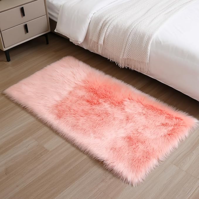 Faux Fur Rug Fluffy Sheepskin Area Rug,Ultra Soft Shaggy Plush Rug Bedroom Living Room Sofa Floor Kids Room Bedside（2 x 4 ft Rectangle Pink）