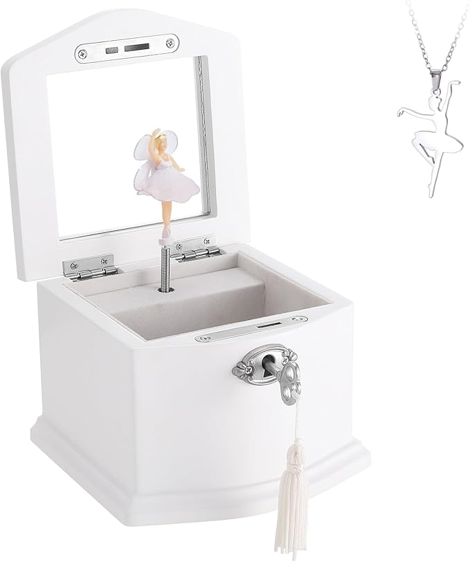 Small White Wooden Ballerina Musical Jewelry Box with Mirror and Lock for Girls，Kid's Jewelry Storage Music Box, Gift for Christmas,New Year, Birthday