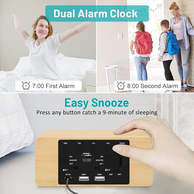 Andoolex Wooden Digital Alarm Clock with Wireless Charging, 0-100% Adjustable Brightness Dimmer and Alarm Volume, Weekday/Weekend Mode, Dual Alarm, Snooze, 12/24H, Wood LED Clock for Bedroom (Bamboo)