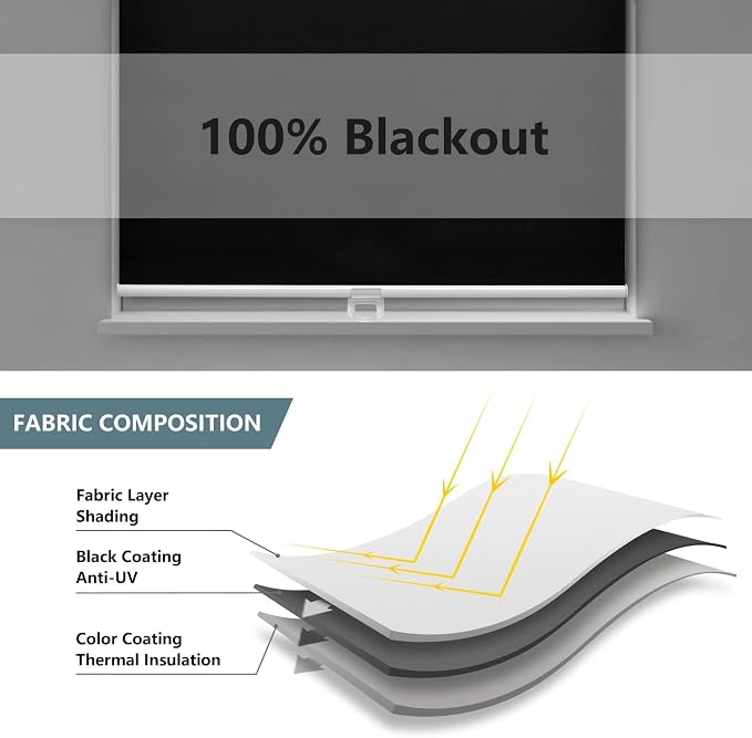 AOSKY Cordless Roller Shades Blackout Blinds for Windows Room Darkening Rolled Up Shades with Spring System, UV Protection Window Shades Door Blinds for Home and Office (27.5" W x 72" H, Black)