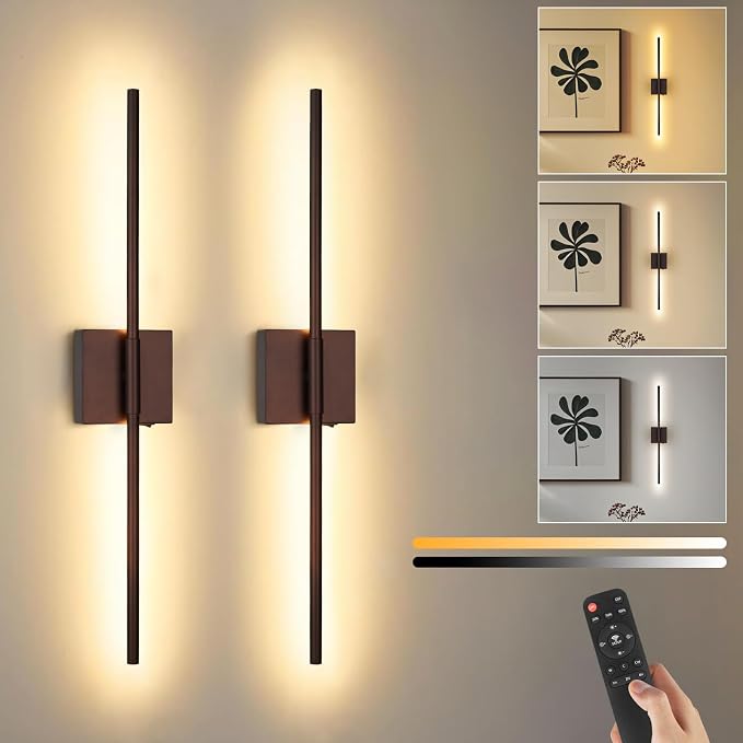Battery Operated Wall Sconce Set of Two with Remote Control, Rechargeable & Dimmable Wireless, Easy Install Peel and Stick, Timer Function, Linear Wall Lights for Living Room, Bedroom, 28.3 inch (Orb)