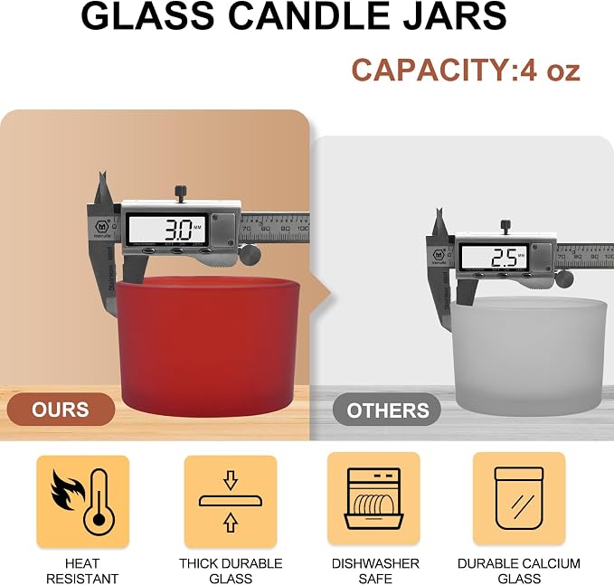 SHOWIN Thick Candle Jars for Making Candles 16 Pcs, 4 OZ Empty Jars with Wood Lids for Candle Making, Sample Container - Dishwasher Safe, Frosted Red