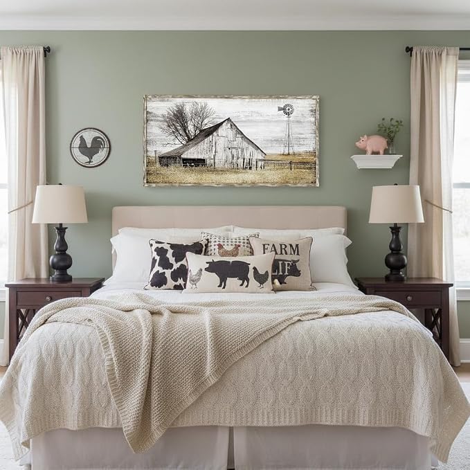 Farmhouse Framed Wall Art Picture: Rustic Barn Farm Wood Artwork Decor Large Country Landscape Windmill Print Horizontal Panoramic Countryside Rural Nature Scene Painting for Living Room Bedroom