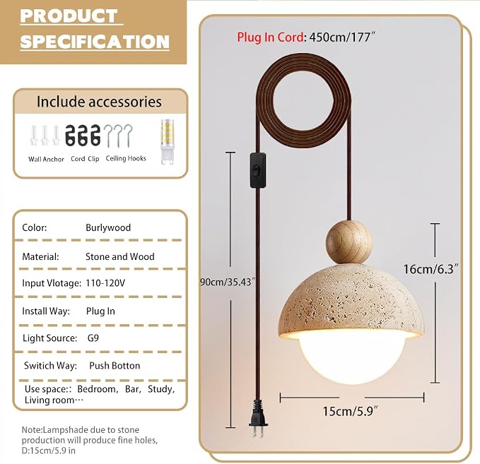 Plug In Wabi Sabi Pendant Light Japanese Retro Vintage Style Spherical Natural Stone Yellow Travertine Hanging Lamp Plug In For Girl's Room Kitchen Island Dining Room Bedroom G9 Light Mini Cement