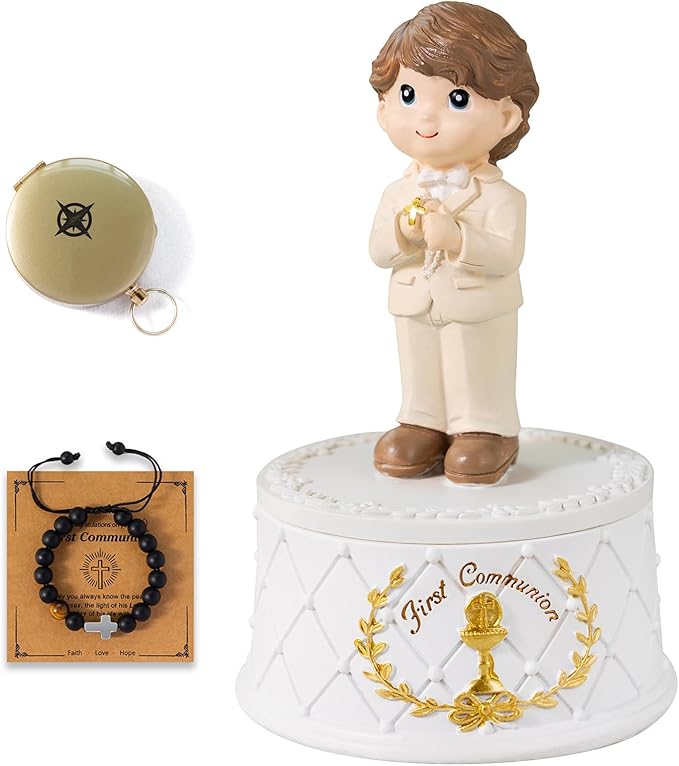 First Communion Gifts for Boys- First Holy Boy Figurine with Keepsake Box & Compass for Kids & Cross Bracelet Included, 1st Communion Gifts for Boys