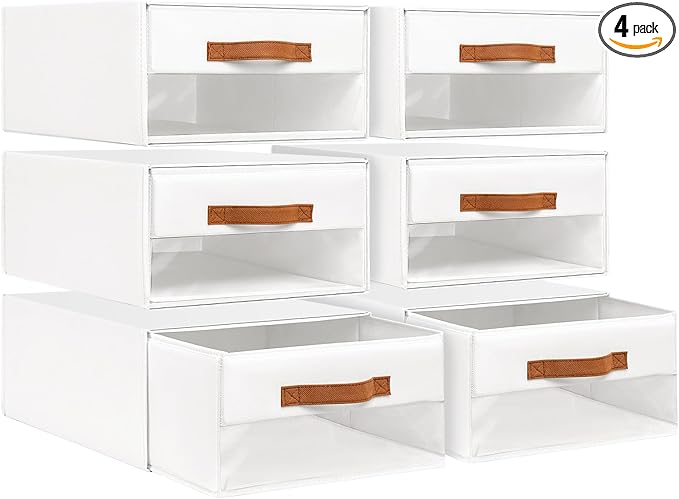 DIMJ Closet Organizers and Storage - Fabric Bins with Drawers for Closet Foldable Clothes Organizers with Clear Window, Stackable Storage Drawers Units for Bedroom, Living Room, 6-Pack, White