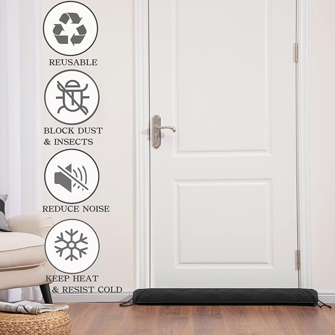 Sunolga 38inch Door Draft Stopper 2.2LB Under Door Noise Air Stopper, 3 Pack Sound Proof Draft Guard for Doors and Windows,Machine Washable - Black