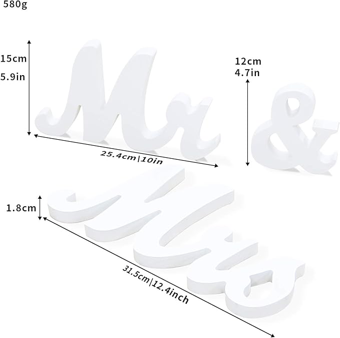 Mr & Mrs Sign for Wedding Table, Large Mr and Miss Wooden Letters, Party Decoration Head Table Wedding Wood Letter, Just Married Sign Anniversary Party Valentine's Day Decor (white)