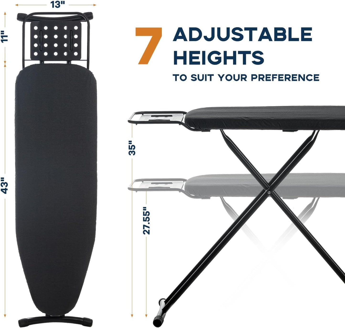 Ironing Board Full Size, RAINHOL 54"x13" Heavy Duty Compact Ironing Board with Iron Rest, Heat Resistant Cover with Ultra Thick Padding, Height Adjustable Sturdy Iron Stand, Black