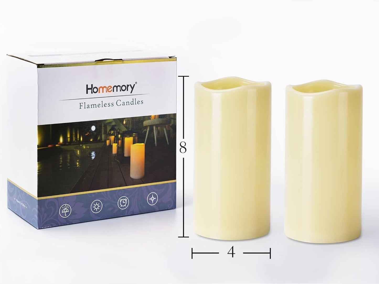 Homemory 4" x 8" Waterproof Outdoor Flameless Candles, Battery Operated Flickering LED Pillar Candles with Remote and Timers for Indoor Outdoor Lanterns, Long Lasting, Large, Dark Ivory, Set of 4