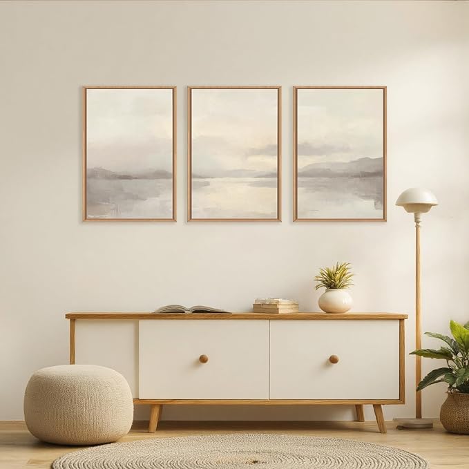 LHIUEM Large Abstract Neutral Beige Pastel Framed Canvas Wall Art,Modern Watercolor Lakes Wall Decor,Nature Mountain Minimalist Artwork for Living Room,Bedroom,Dining Room,Office -24"x36"x3