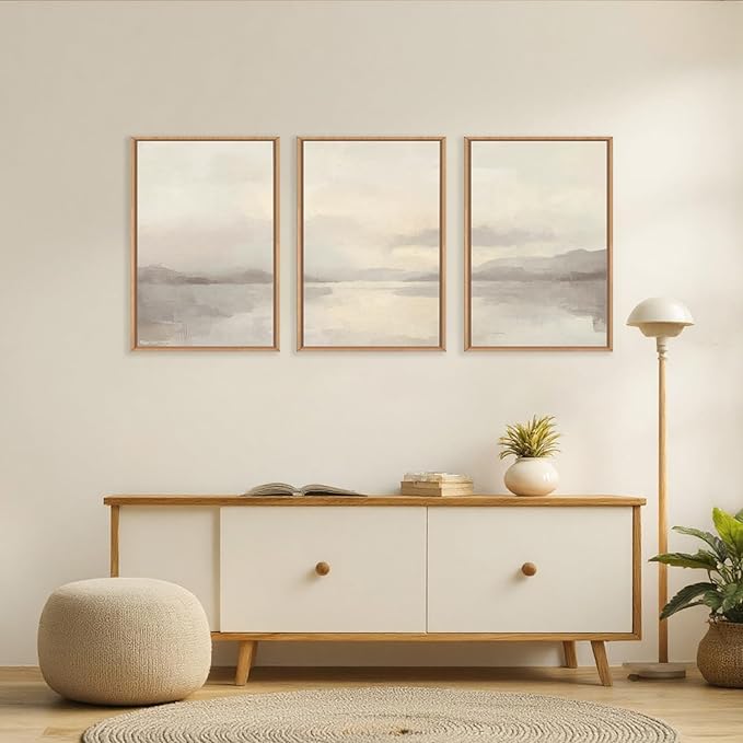 LHIUEM Large Abstract Neutral Beige Pastel Framed Canvas Wall Art,Modern Watercolor Lakes Wall Decor,Nature Mountain Minimalist Artwork for Living Room,Bedroom,Dining Room,Office -16"x24"x3