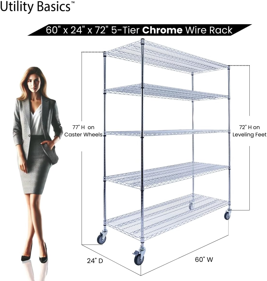 60"x24"x72" Chrome 5-Tier PREMIUM Wire Shelving NSF 4000 LBS MAX CAPACITY Heavy Duty Steel Storage Rack for Warehouses, Garages, Hospitals, Commercial Spaces, & Schools w/PREMIUM WHEELS