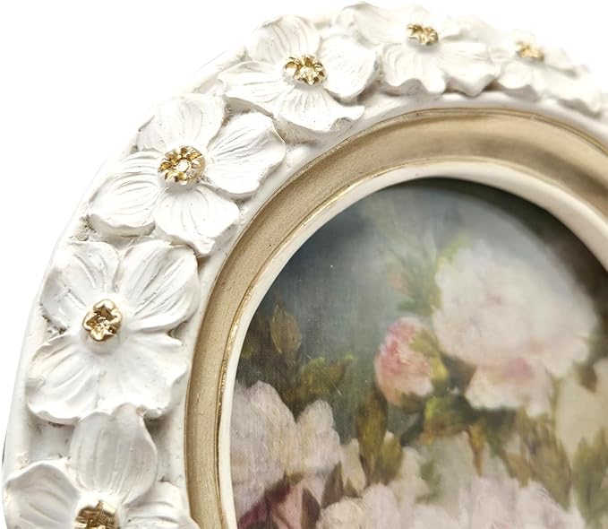 SYLVIA'S SHOP 3x3 Small Vintage Round Picture Frame, Mini Antique White Ornate Circle Photo Frame, for Tabletop and Wall Display, Decorative Floral Design Retro Home Decor, Photo Gallery Art