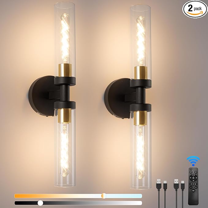 Battery Operated Wall Sconces, Wall Sconce Set of 2, 3000K-6500K Black Rechargeable Wall Lamp with Remote, Indoor Non-Hardwired Wall Lamps, Modern Vanity Light for Bedroom, Living Room, Aisle