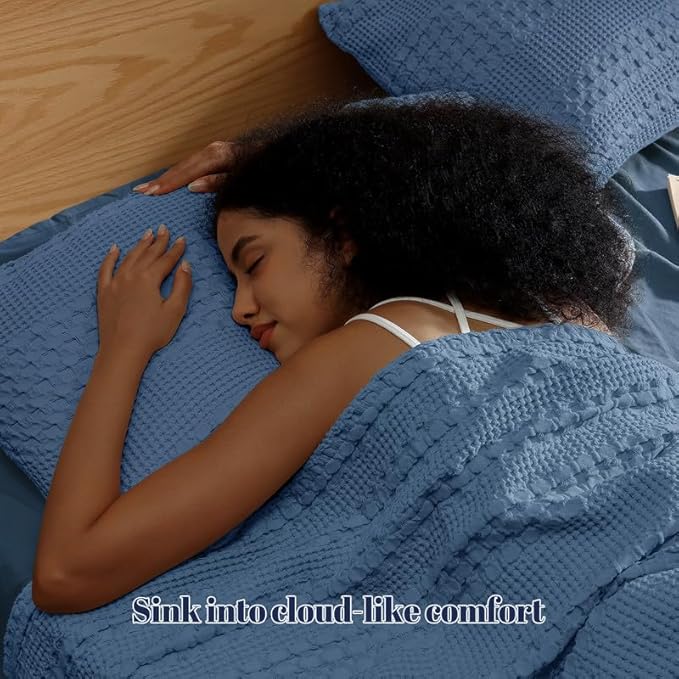 PHF 100% Cotton Waffle Pillow Shams Standard Size, 2 Pack 20" x 26" Soft Skin-Friendly Pillowcases, No Filling, Aesthetic Woven and Breathable Waffle Weave Pillow Case Covers for Bed, Denim Blue
