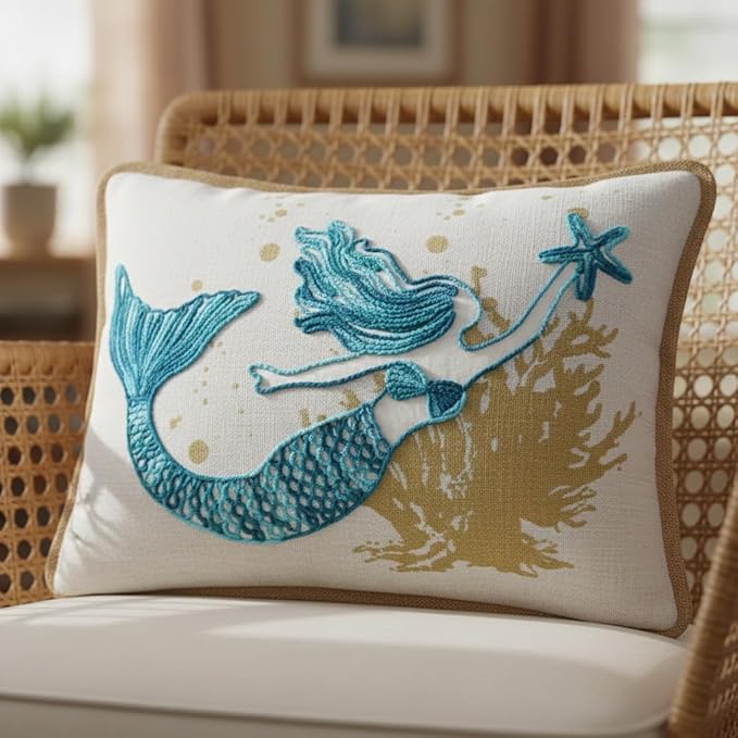 Comfy Hour Under The Sea Collection Ocean Mermaid Starfish Coral Coastal Accent Throw Pillow Cushion for Marine Animal Lovers, Polyester