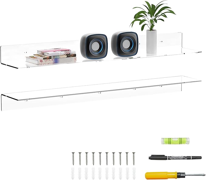 Sezanrpt 36 Inches Acrylic Wall Shelves 2 Pack, Floating Shelf for Wall Mounting, Acrylic Display Ledges for Funko Pop Figures, Home Décor, Living Room, Gaming Room, Plants(36 inch, Clear)