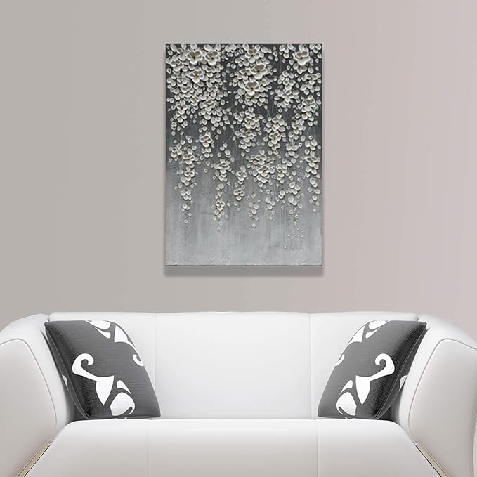 zoinart 3D Oil Painting on Canvas, 28x40 inch Hand Painted Abstract White Flowers/Floral Paintings Grey Artwork Modern Canvas Wall Art Wall Decor Framed Ready to Hang