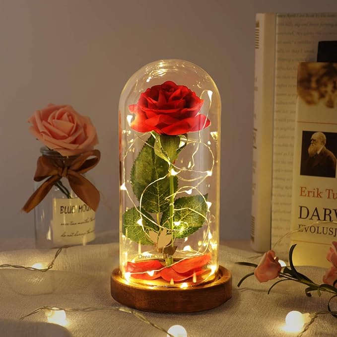 Beauty and The Beast Rose, Valentines Day Gifts for her, Birthday Gifts for Women, Red Rose for Mom Grandma, Eternal Rose in Glass Dome with LED Lights, Valentine Flowers Gift for Wife, or Girlfriend