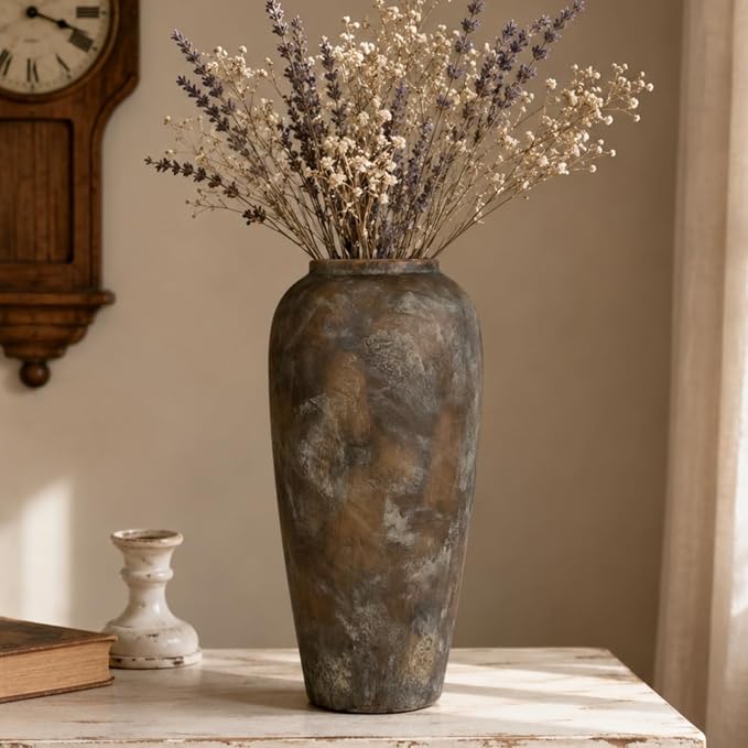 15 Inch Vintage Farmhouse Decor Ceramic Rustic Vase, Handmade Brown Flower Vases for Centerpieces, Living Room & Kitchen Shelf Decorative Pottery Vase for Home Decor