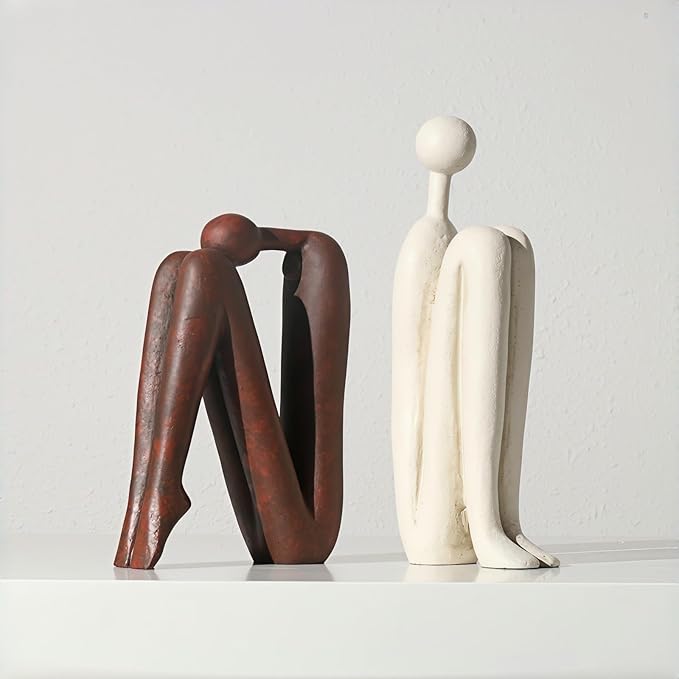 Resin Book Ends, Abstract Thinker Modern Minimalist Decorative Sculpture Bookends, Non-Slip Heavy Duty Bookends for Shelves for Home Office Shelves Desk, Set of 2 (Brown & White)