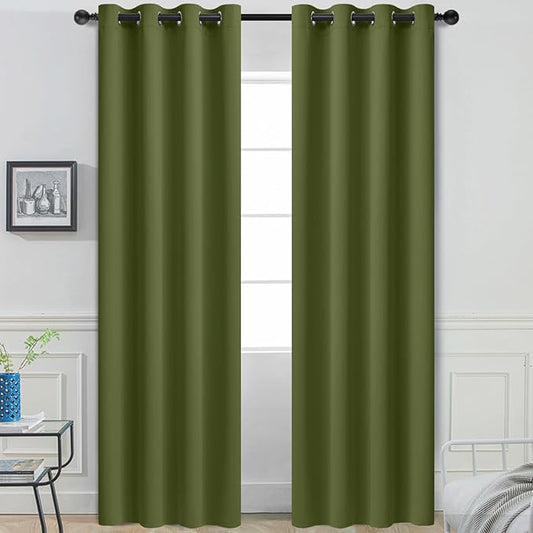 Yakamok Olive Green Blackout Curtains with Grommet Green Room Darkening Thermal Insulated Curtain Set of 2 Drapes for Bedroom Living Room, 52W x 96L,2 Panels