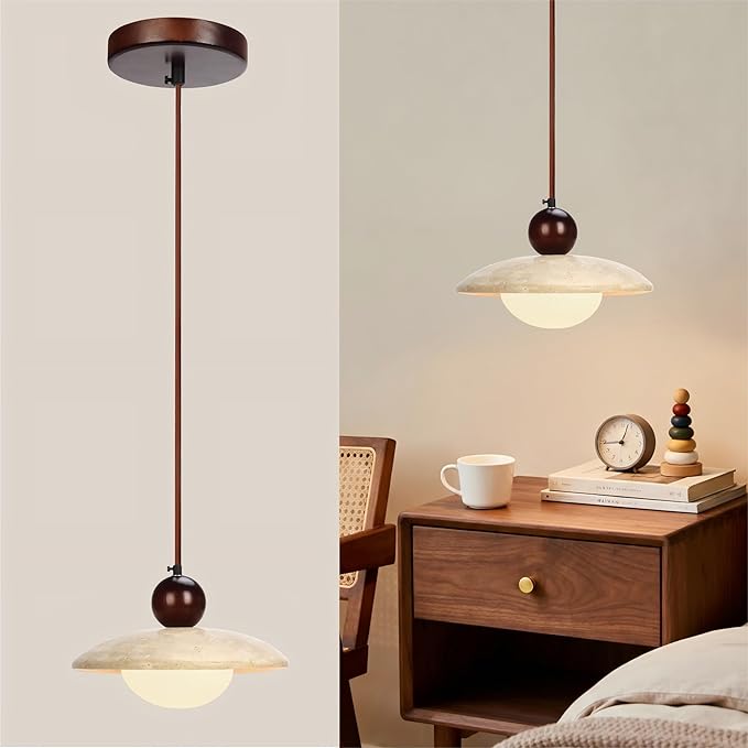 Wabi Sabi Pendant Light,Yellow Travertine Japandi Japanese Minimalist Stone Light Fixture,Adjustable Nordic Hanging Lamp for Kitchen,Bedroom,Vanity Japandi & Japanese Light Fixture(Walnut color)