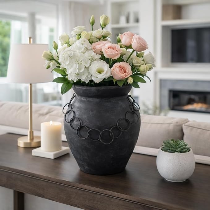 Terracotta Pottery Vase – Decorative Flower Holder for Stems and Greenery, Living Room or Office Tabletop Home Decor, Rustic Metal Chain Accent for Collected, Layered Style – 12", Black