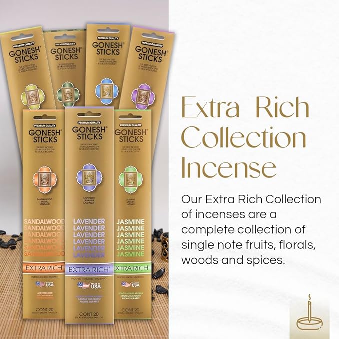 Gonesh - Incense Sticks Variety Pack - Non-Toxic 10” Slow Burn Aromatic Sticks - Classic Collection & Extra Rich Collection - 12 Packs of 20